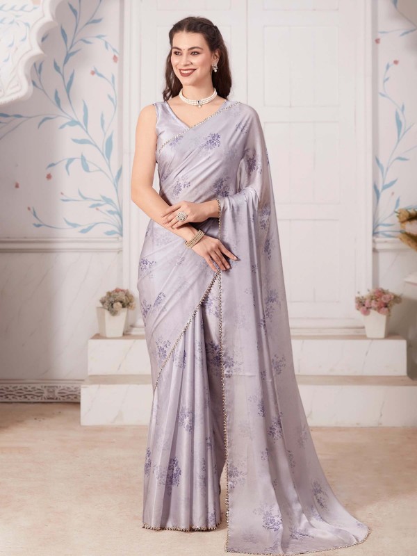 Light Gray Pure Satin Georgette Digital Print Saree